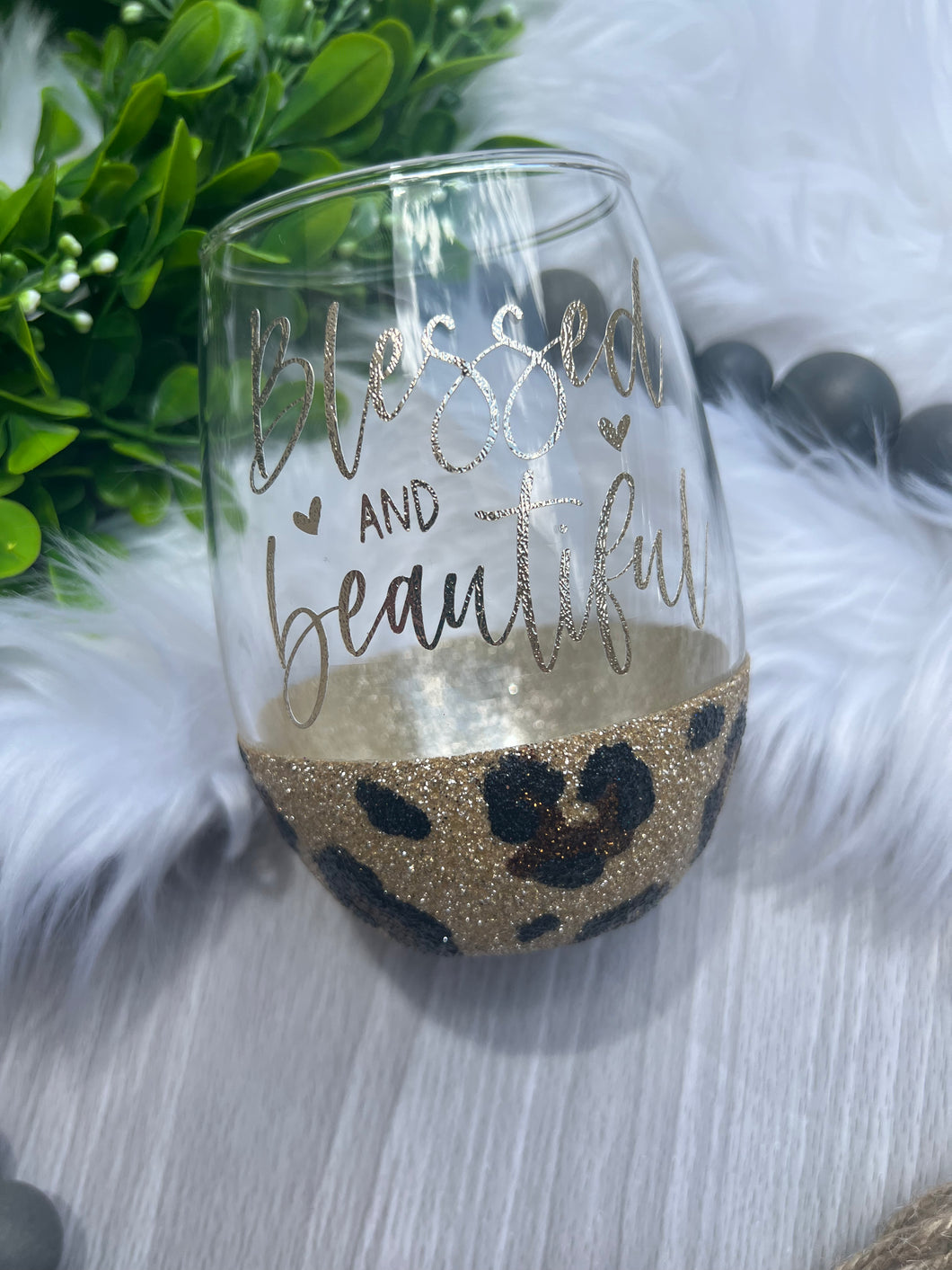 Blessed and Beautiful Leopard Glitter Bottom Wine Glass