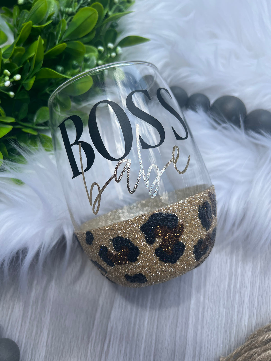 Boss Babe Leopard Glitter Bottom Wine Glass